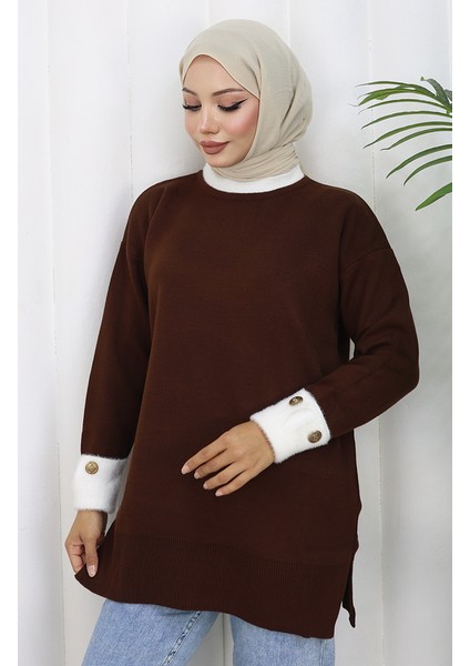 Triko Kolu Düğme Detaylı Garnili Tunik 3000-08 Kahverengi fırsatları