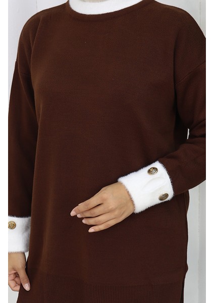 Triko Kolu Düğme Detaylı Garnili Tunik 3000-08 Kahverengi indirimleri
