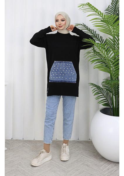 Triko Kanguru Cepli Inci Detaylı Tunik 3030-02 Siyah