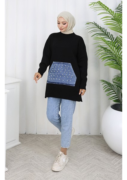 Triko Kanguru Cepli Inci Detaylı Tunik 3030-02 Siyah fiyatları