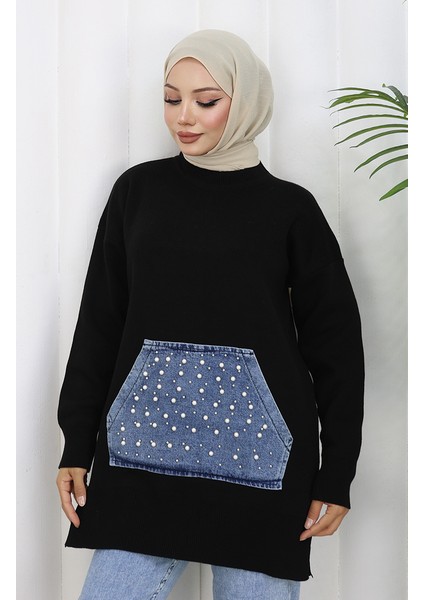 Triko Kanguru Cepli Inci Detaylı Tunik 3030-02 Siyah fırsatları