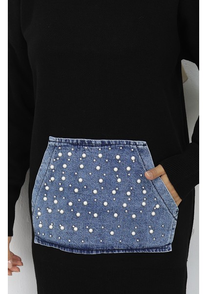 Triko Kanguru Cepli Inci Detaylı Tunik 3030-02 Siyah indirimleri