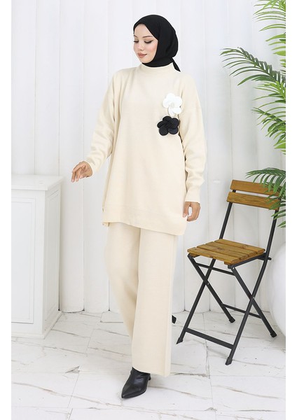 Triko Balıkçı Yaka Tunik Pantolon Ikili Takım 1015-04 Bej modelleri