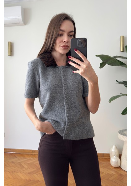 Leopar Yakalı Premium Triko- Gri