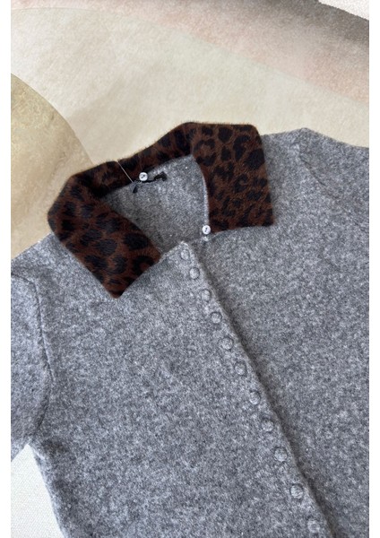 Leopar Yakalı Premium Triko- Gri fiyatları