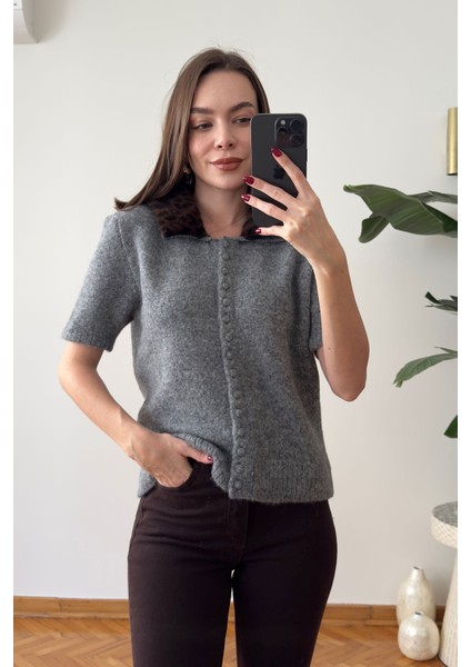 Leopar Yakalı Premium Triko- Gri modelleri