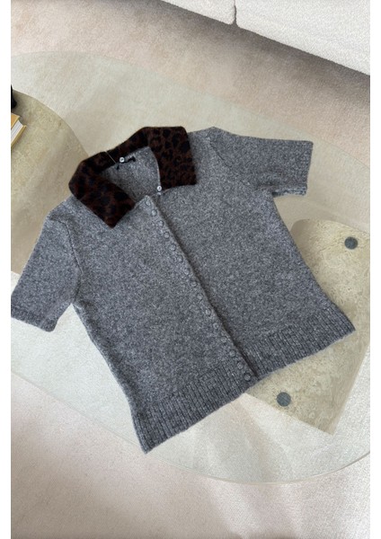 Leopar Yakalı Premium Triko- Gri indirimleri