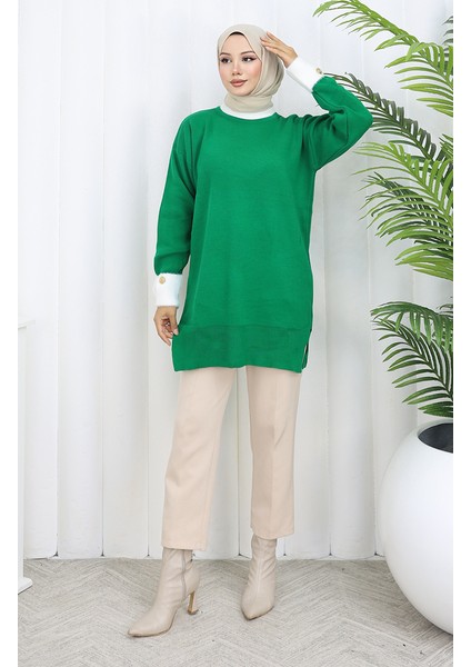 Triko Kolu Düğme Detaylı Garnili Tunik 3000-09 Zümrüt Yeşili