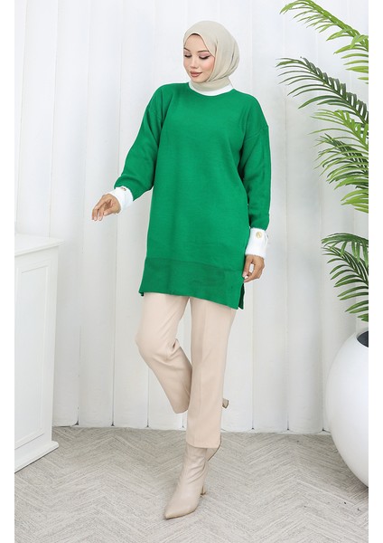 Triko Kolu Düğme Detaylı Garnili Tunik 3000-09 Zümrüt Yeşili fiyatları