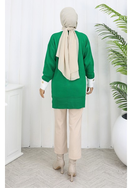 Triko Kolu Düğme Detaylı Garnili Tunik 3000-09 Zümrüt Yeşili indirimleri