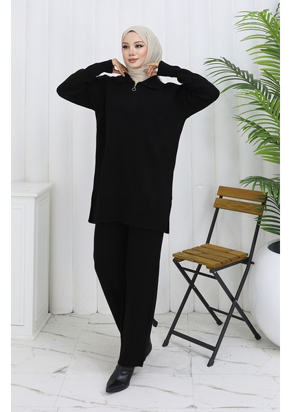 Triko Fermuarlı Çizgili Tunik Pantolon Ikili Takım 1073-01 Siyah