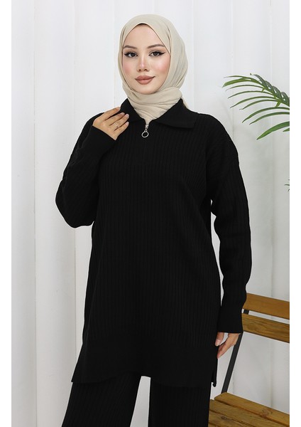 Triko Fermuarlı Çizgili Tunik Pantolon Ikili Takım 1073-01 Siyah fiyatları