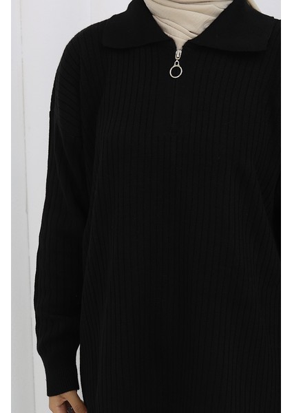 Triko Fermuarlı Çizgili Tunik Pantolon Ikili Takım 1073-01 Siyah modelleri