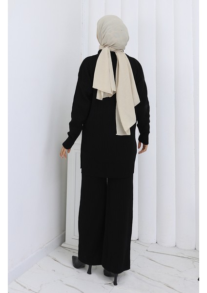 Triko Fermuarlı Çizgili Tunik Pantolon Ikili Takım 1073-01 Siyah fırsatları