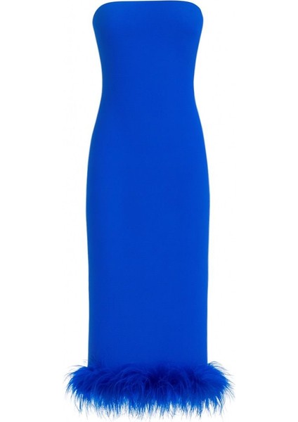 Saks Mavisi Tüy Detaylı Straplez Midi Elbise