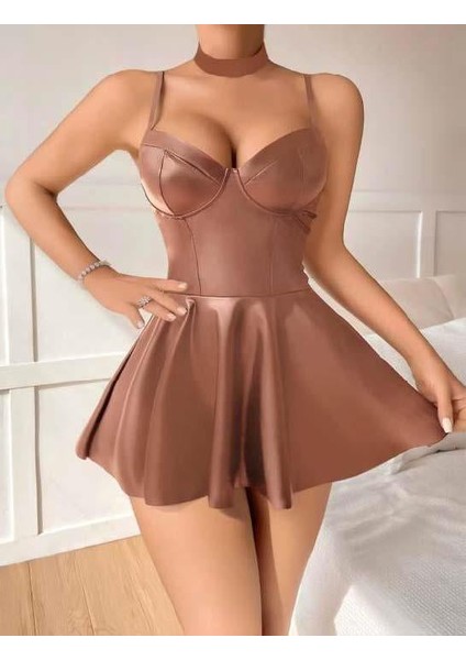 Kahverengi Etekli Pileli Fantezi Deri Elbise