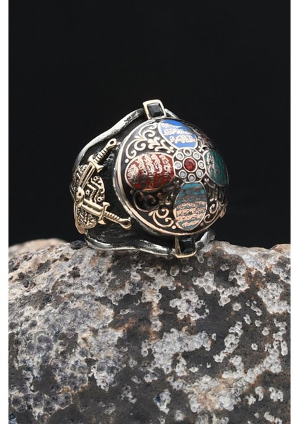 Özel Tasarım Nas ve Felak ve Ihlas Sureleri Mineli Kılıc Figürlü 925 Ayar Gümüş Erkek Yüzüğü 902323