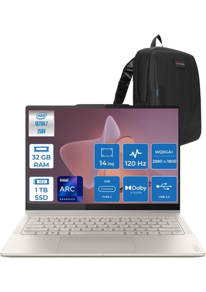 Yoga 7 2-In-1 14ILL10 Intel Core Ultra 7 258V 32GB 1tb SSD Freedos Intel Arc 140V OLED 1100NITS 14" Wqxga+ (2880X1800) 120HZ Dokunmatik 83JQ005LTRF03 + Yoga Kalem + Zetta Çanta