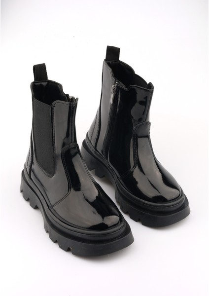 Yüksek Taban Lastikli Fermuarlı Rugan Siyah Çocuk Bot