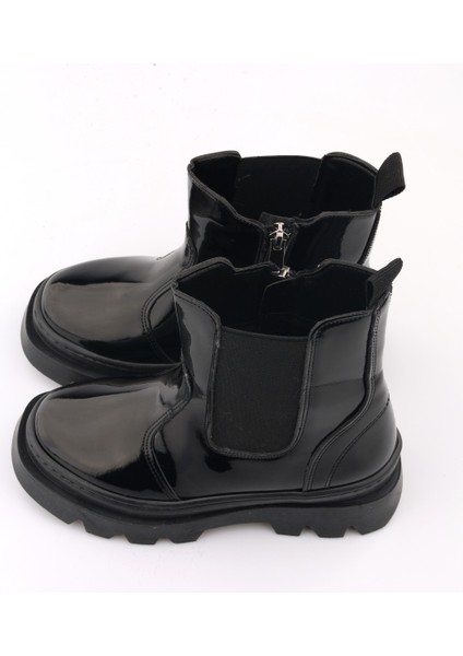Yüksek Taban Lastikli Fermuarlı Rugan Siyah Çocuk Bot modelleri