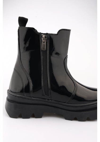 Yüksek Taban Lastikli Fermuarlı Rugan Siyah Çocuk Bot indirimleri