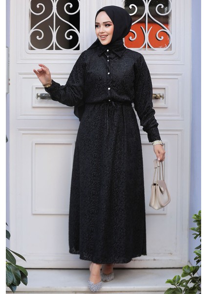 Desenli Siyah Tesettür Elbise 92691S