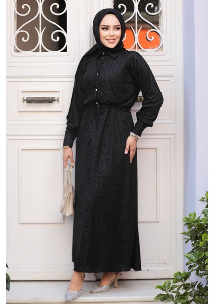 Desenli Siyah Tesettür Elbise 92691S fiyatları