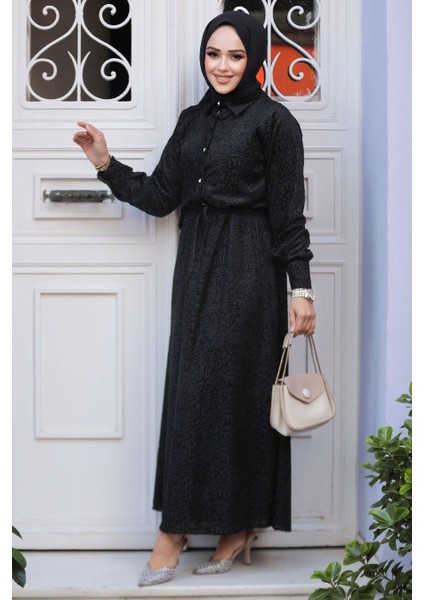 Desenli Siyah Tesettür Elbise 92691S modelleri