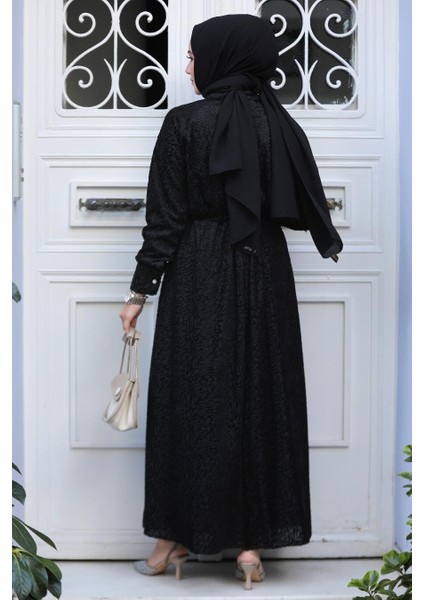 Desenli Siyah Tesettür Elbise 92691S fırsatları