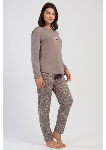 Kadın Büyük Beden Espresso Uzun Kollu Bisiklet Yaka Desenli Pijama Takımı C0T7N2305 fiyatları