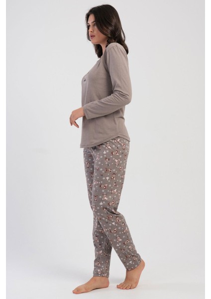 Kadın Büyük Beden Espresso Uzun Kollu Bisiklet Yaka Desenli Pijama Takımı C0T7N2305 modelleri