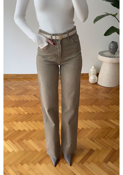 Geniş Kesik Paça Premium Jean- Bej