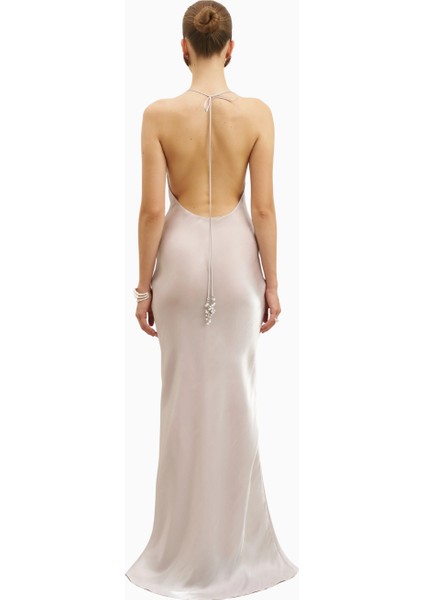 Pearl Detail Plunging Birthday Gown Iridescent Satin Chiffon Maxi Kadın Elbise Sınırlı Sayıda modelleri