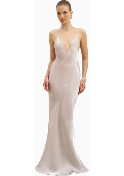 Pearl Detail Plunging Birthday Gown Iridescent Satin Chiffon Maxi Kadın Elbise Sınırlı Sayıda fırsatları