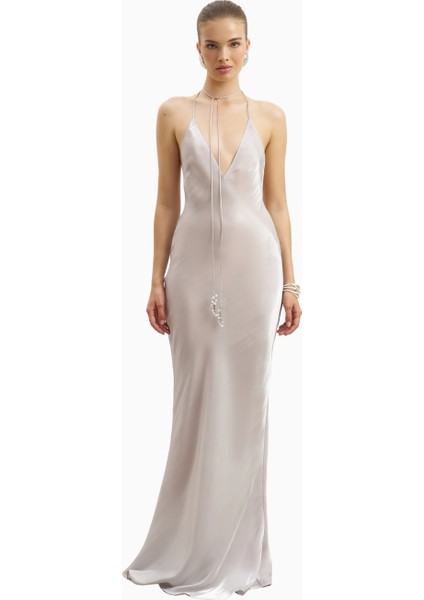 Pearl Detail Plunging Birthday Gown Iridescent Satin Chiffon Maxi Kadın Elbise Sınırlı Sayıda indirimleri