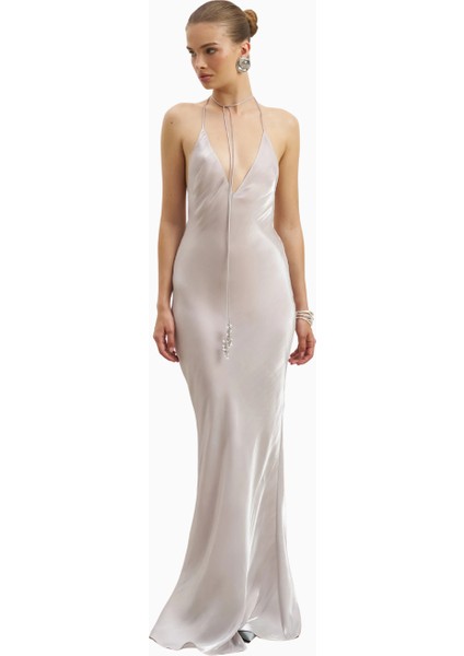 Pearl Detail Plunging Birthday Gown Iridescent Satin Chiffon Maxi Kadın Elbise Sınırlı Sayıda