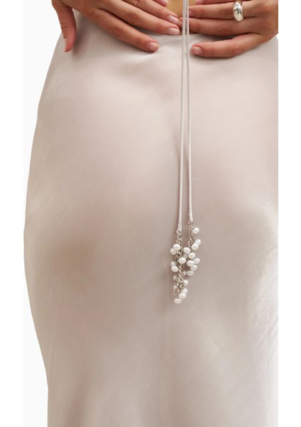 Pearl Detail Plunging Birthday Gown Iridescent Satin Chiffon Maxi Kadın Elbise Sınırlı Sayıda
