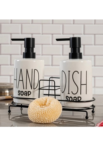 Metal Stantlı 2’li Seramik Sıvı Sabunluk, Deterjanlık Seti – Pompalı Şişe Banyo ve Mutfak fiyatları
