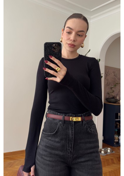 Parmak Geçmeli Uzun Kollu Body- Siyah fiyatları