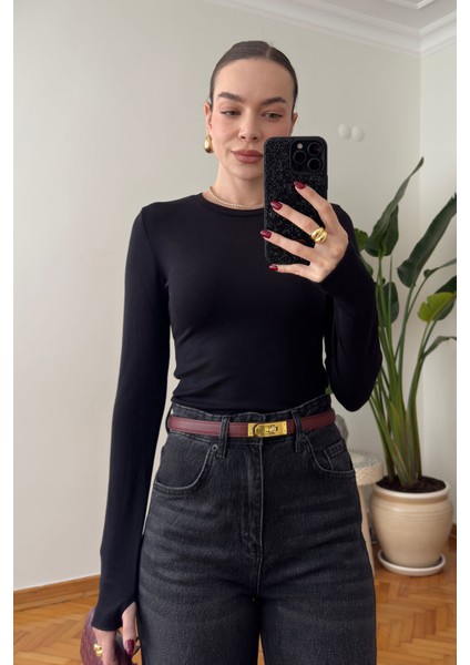 Parmak Geçmeli Uzun Kollu Body- Siyah fırsatları