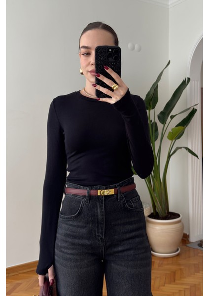 Parmak Geçmeli Uzun Kollu Body- Siyah indirimleri