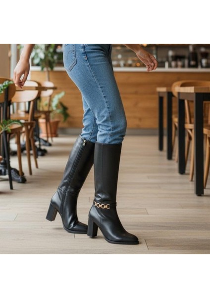 Siyah Hakiki Deri Gold Aksesuarlı Içten Fermuarlı Kadın Kalın Topuklu Günlük Şık Çizme fırsatları
