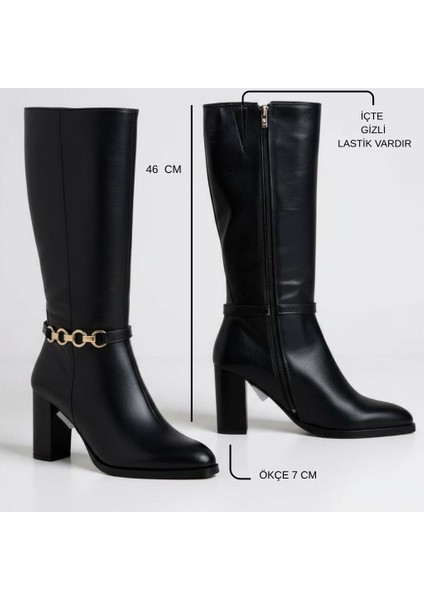 Siyah Hakiki Deri Gold Aksesuarlı Içten Fermuarlı Kadın Kalın Topuklu Günlük Şık Çizme indirimleri