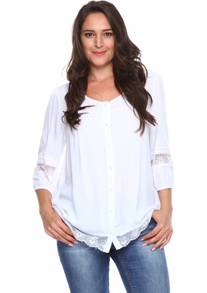 Dantel Detaylı Büyük Beden Gömlek Bluz Beyaz modelleri