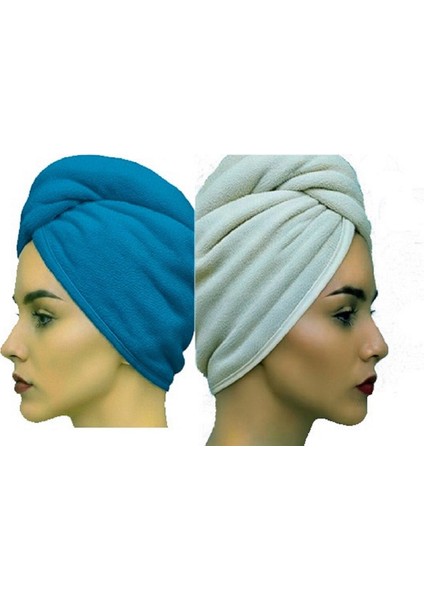 Saç Havlusu Saç Bonesi 2 Li Set %100 Pamuk Banyo ,havuz ve Deniz Sonrası Kurulama Ekru / Yeşil