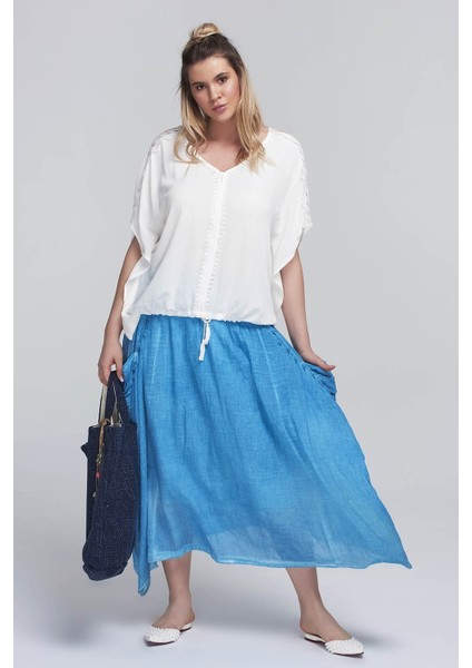 V Yaka Dantel Detaylı Büyük Beden Bluz Ekru