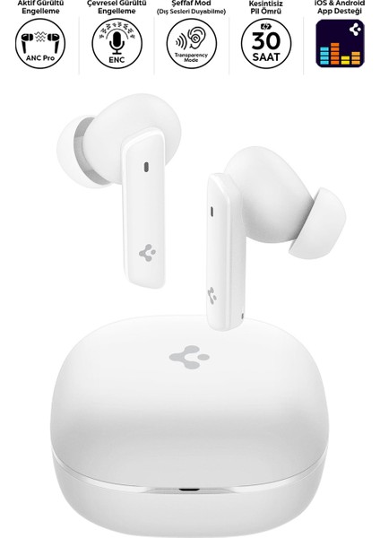 Audio TWS P20 Bluetooth Kablosuz Kulaklık - ANC Pro Aktif Gürültü Engelleme + ENC 6 Mikrofon - 10mm LCP Graphene Sürücü - 30 Saat iOS & Android EQ App Şeffaf & Gaming Mod iPX5 Beyaz - ASD07964