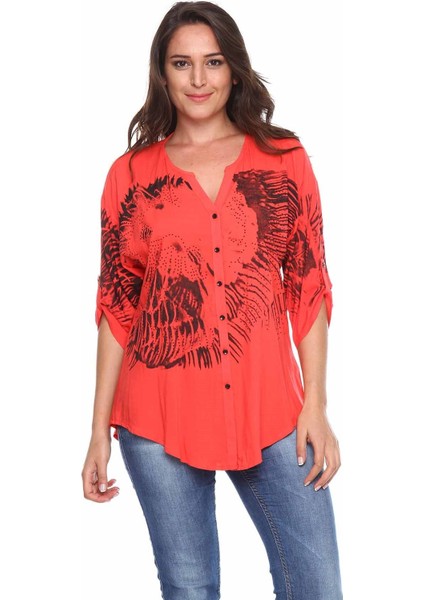 Baskılı Taş Detay Büyük Beden Gömlek Bluz Mercan