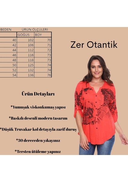 Baskılı Taş Detay Büyük Beden Gömlek Bluz Mercan fiyatları