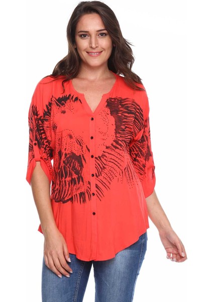 Baskılı Taş Detay Büyük Beden Gömlek Bluz Mercan modelleri